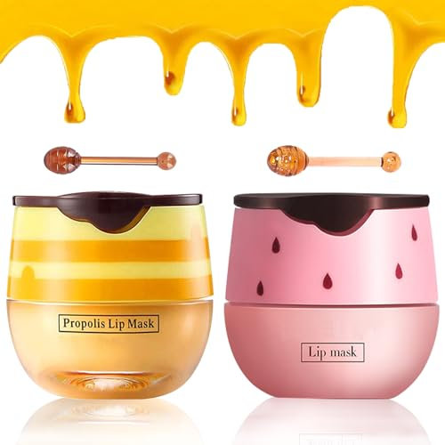 TITIMORE 2 Stück Bee Lip Balm Strawberry Lip Balm Honey Pot Honig-Lippenmaske Feuchtigkeitsspendende Lippenmaske Erdbeere Lippen Maske Repariert Lip Falten, Schälende Lippenmaske, Lippenbalsam