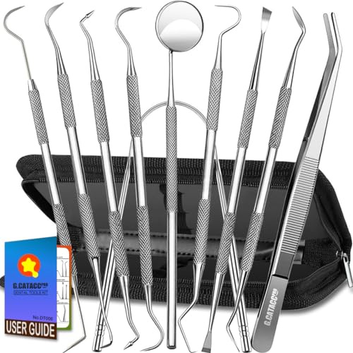 G.CATACC 10 Pack Dental Tools, Professional Plaque Remover for Teeth Cleaning Tools Set, Stainless Steel Hygiene Kit with Dental Pick Tooth Scraper Plaque Tartar Remover Tongue Cleaner - with Case