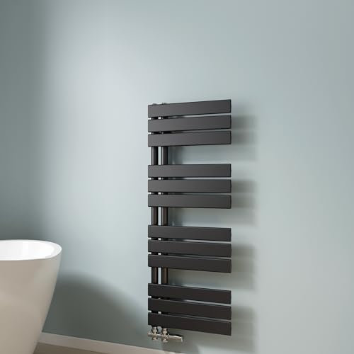 EMKE Scaldasalviette termoarredo piatto, Termoarredo da Bagno, 1041 x 400 mm, Nero colore, collegamento laterale, 456W, radiatore scaldasalviette ad acqua calda