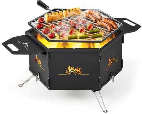 GOPLUS Barbacoa 2 en 1 de Camping, Carbón y Leña Portátil Con 2 Asas y Parrilla Giratoria de 360°, Plegable de Acero Inoxidable Para Viajes, Fiesta, Hoguera
