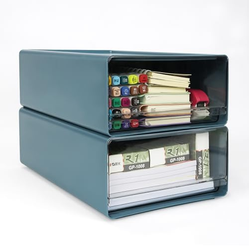 OSTWOLKE 2 Stück Schubladenbox Schreibtisch a4, Büro Organizer mit Schubladen Stapelbar Kunststoff, Schubladenboxen fuer Schulsachen, Drawer Box für Bürobedarf, Heimaufbewahrung, Transparent Blau