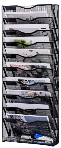 Solinxe 10-Tier Desk Tidy Organiser in Tray, A4 Wall Mounted Document Holder, Vertical Metal Magazine Rack, Wall Hanging Paper Storage Organiser for Office Accessories Stationery Supplies, Black