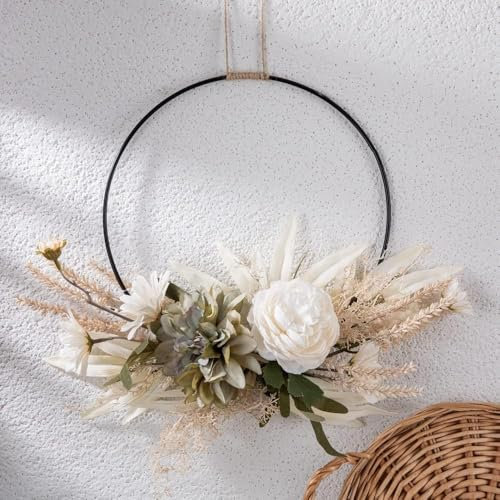 Türkranz,Dekokranz,Metallring Eukalyptus Kranz Girlande Ganzjährig Außen Modern Metall Künstliche Blumenkranz Wandkranz Deko Kranz für Hochzeit Wohnzimmer Hochzeit,39CM (Kamelien Kranz-1)