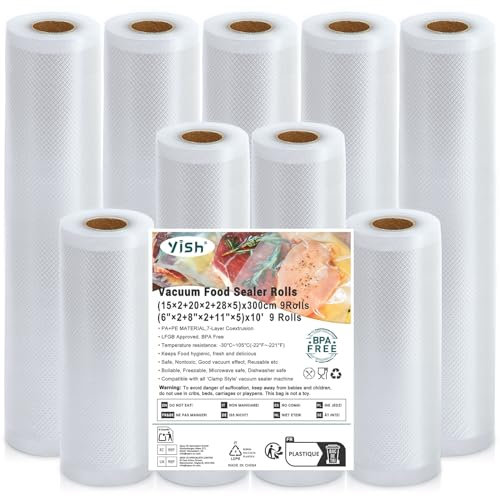 YISH Sac Sous Vide Alimentaire 9 Rouleaux：Rouleau Sous Vide Alimentaire 15/20/28x300cm, Sachet Sous Vide Alimentaire pour Appareil à vide/Cuisson Sous Vide/Micro-ondes, Résistance à la Déchirure