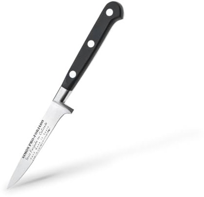 Puntilla Deshuesar Simón PRO Forjado 9.5 cm - Cuchillo Profesional para Pelar, Laminar y Deshuesar Aves y Frutas, Acero Forjado Resistente, Funda de Piel Marrón Incluida, Fabricado en España