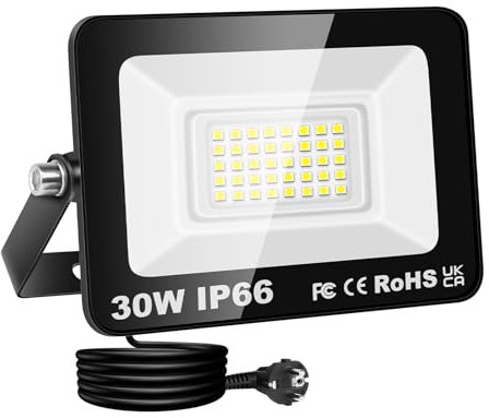 RIGIDON Projecteur Led Extérieur Avec Prise, 1x 30W 3000LM IP66 étanche Éclairage de Sécurité, Spot Led Lampe pour Patio Garage Terrasse Jardin Chantier Muraux Atelier, 6000K Blanc Froid Luminaires