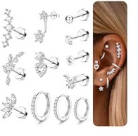 Adramata 12/14Pcs 16G Helix Piercings Chirurgenstahl Ohrringe Piercing Set Flatback Ohrstecker Ohr Piercings Knorpel Ohrringe Damen Helix Ring Gold Silber Conch Tragus Piercing Ohr Einzelner Ohrring
