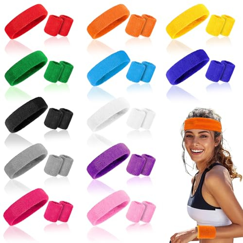 Bandeau Poignet Sport de Anti-Transpiration absorbants,Comprenant 12 Bandeaux de Sport et 12 Paires de Bracelets pour fête des années 80, déguisement, Tennis, Basket-Ball, Gym, Golf, Course à Pied