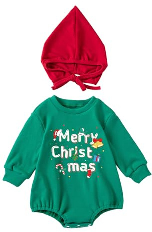 Fnaobai Nyfödd baby flicka pojke juldräkt sparkdräkt med hatt höst vinter spädbarn långärmad tröja topp söta kläder, gRÖN, 9-12 Months