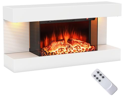 COSTWAY Elektrokamin mit Heizung & LED-Seitenlichtern, schwebender Wandkamin 1500W / 5000BTU mit Fernbedienung, 12 Flammenfarben, 8H-Timer, Standkamin 17℃-28℃ weiß