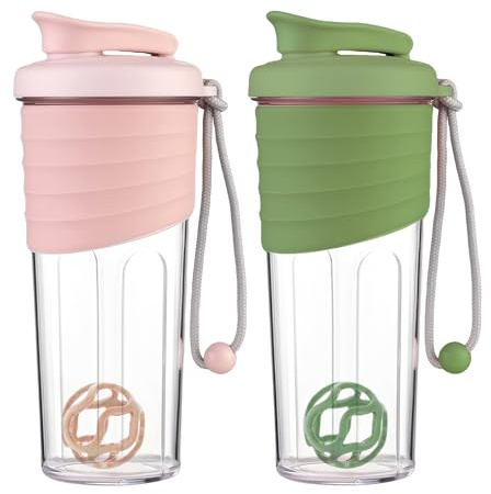 GOEDCH 2 shaker per proteine da 700 ml: shaker senza BPA con cordino e palla agitante per miscele proteiche, a prova di perdite e durevole, per uomo e donna (verde, rosa)