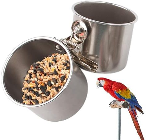 Bird Cage Feeding Bowl – 6.5x5.5x15cm Parrot Double Cup Feeder, Clip-On Water Cup, Food Container with Wooden Perch Attachment | Convenient Feeder Accessory for Cages and Aviaries