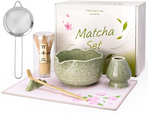 ALBISS Matcha Kit Set da 7 Pezzi in Ceramica Cerimoniale – Ciotola da 530 ml con Beccuccio e Design Sakura, Frusta in Bambù con Supporto, Elegante Set da Tè Giapponese per Amanti del Matcha, Verde