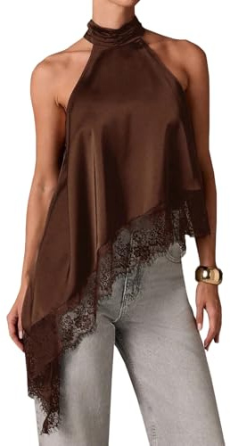 RUINIXCW Women's Y2k Halter Mock Neck Sleeveless Top Sexy Asymmetrical Satin Lace Trim Tank Top Backless Going Out Tops