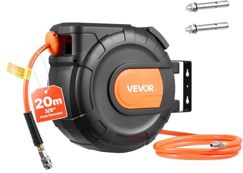 VEVOR Avvolgitubo per Aria Compressa Retrattile, Tubo Flessibile in PVC da 20 m x 9,5 mm, Massimo 300 PSI, con Riavvolgimento Automatico e Cavo da 2 m, Montaggio a Parete Girevole per Garage