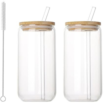 Aesthetic Bicchiere di Vetro, 2 Tazza in Vetro Trasparente con Coperchio e Cannuccia 500 ml, Bicchiere in Vetri Matcha, Tazza da Caffè, con Spazzola per la Pulizia, per Caffè e Altro (Trasparente)