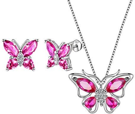 Aurora Tears Butterfly Necklace/Earrings Set 925 Sterling Sliver July Birthstone Red Ruby Jewelry Set Animals Jewelry Gift for Women and Girls DS0035R