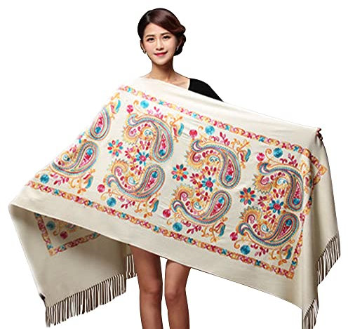 Qingzhuan Schals für Damen - Damen Schals Damen Warme Schals Weiche Schal Klassische Warme Wolle Mischung mit Quasten Herbst Winter Für Junge Damen Mode Drucken Schals Accessoires mehrfarbig Weiß