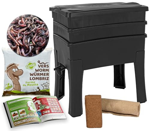 WormBox I Vermicompostador Worm Café, 2 bandejas I Kit Completo I Gran Capacidad de 64 litros (250g de Lombriz / 1000 und.)