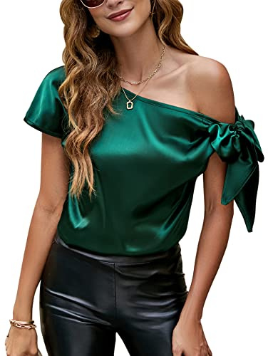 Funspread Womens Off Shoulder Tops Tie Knot Short Sleeve Blouse Asymmetrical Neck Satin Shirts Dark Green S