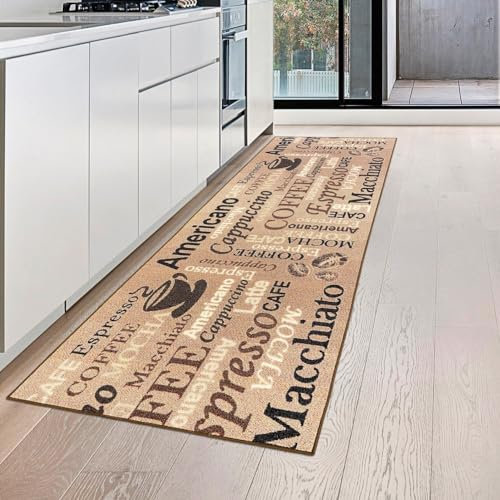 Teppich-Traum Coffee Küchenläufer in beige mit Gelrücken und Schriftzug in braun, 80 x 300 cm