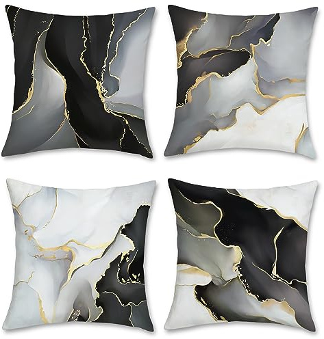 Bonhause Fundas de Cojín Mármol Negro Oro Gris 45 x 45 cm Funda de Almohada Textura de Mármol Moderno Terciopelo Suave Cojines Decorativos para Sofá Cama Hogar Patio Juego de 4