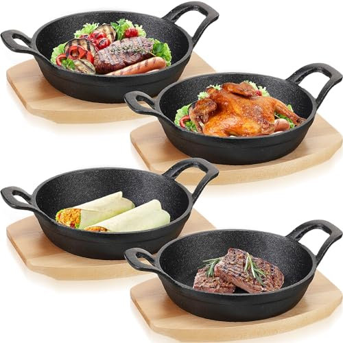 Sliner 4 Sets Mini Cast Iron Skillet with Wood Base Round, 6.3 Inches