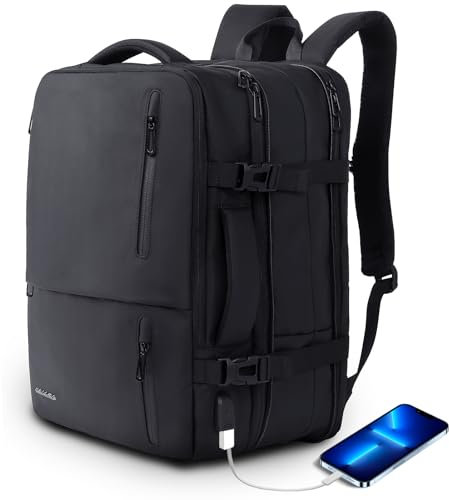KINGSLONG Handgepäck Reiserucksack 46L Laptop Rucksack 19 Zoll, Erweiterbar Diebstahlsicher Wasserabweisend Business Daypack mit USB Ladeanschluss Flug Genehmigt Kabinenrucksack für Reise Weekender