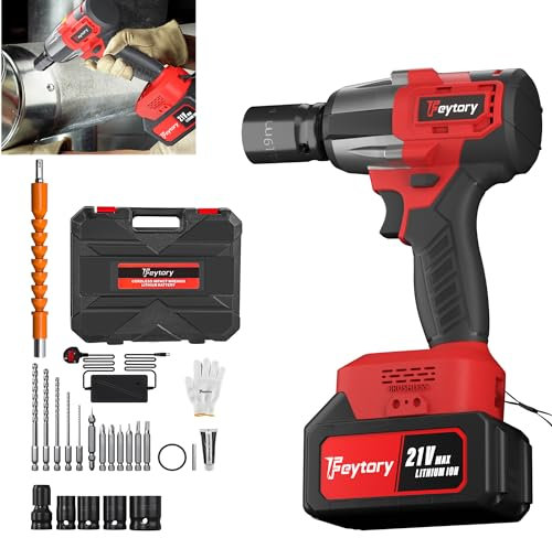 Cordless Impact Wrench 1/2 inch, 550N.m High Torque 3000 RPM, Brushless Motor, with 1.3Ah Li-Ion Battery, Eletric Wrench for Tire Lug Nuts - Red