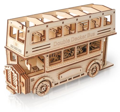 Hallisun 3D Juego de Puzzles de Madera de Autobús, Kit de Construcción de Autobús de Dos Pisos con Engranaje Mecánico, Juguete Clásico de Modelo de Tranvía de Ciudad para Hombres Mujeres, 349 Piezas