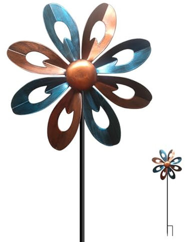 Garden Wind Spinners Tall Metal Wind Spinners Outdoor Swivel Flower Wind Sculptures with Ground Stake for Patio Lawn Outdoor Yard Lawn Garden Decorations Bronze and Blue, Outdoor Wind Spinner