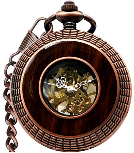 VIGOROSO Men's Hand-Wind Mechanical Pocket for Men Women Watch Vintage Steampunk Hollow Design with Chain and Box