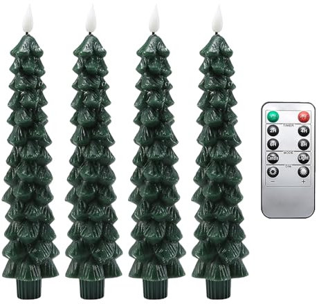 Velas LED para árbol de Navidad, candelabros LED verdes con temporizador remoto, velas sin llama de árbol de Navidad de 9.7 pulgadas, luz parpadeante para decoración del hogar