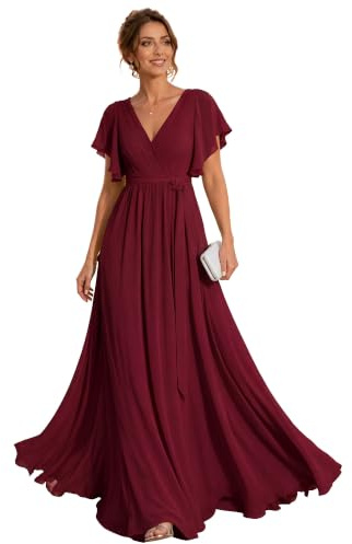 Ever-Pretty Vestido de Noche Largo para Mujer Cuello en V Manga Corta Corte Imperio Plisado Elegantes Burdeos 34