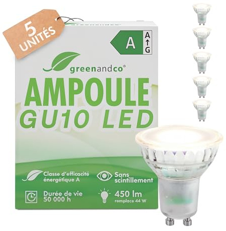 greenandco 5x GU10 | sostituisce 44W | bianco neutro 4000K | 2.5W 450lm | 100° | senza sfarfallio | classe di efficienza energetica A | lampadina LED 230V | non dimmerabile