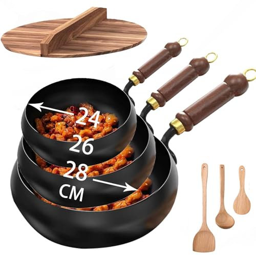 Japanische Eisenpfanne, 24/26/28cm Japanische Handgeschmiedete Antihaftbeschichtete Eisenpfanne, Edelstahlpfanne Unbeschichtete Für Natürliches Kochen, Gasherd Und Induktionsherd (Holzabdeckung, 28cm)