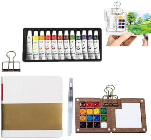 Watercolor Set, Pocket Artist Watercolor Travel Palette, Detachable Miniature Painting Travel Kit, With Wooden Grid Paint Box, Metal Clip, Color Paints, Water Painting Pen (Walnut,15 Grids)