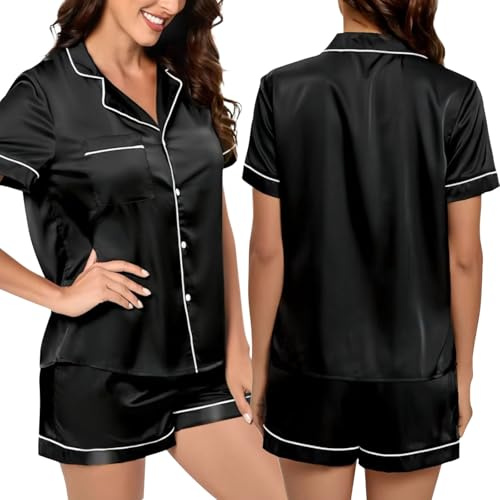 Fjquamitix Silk Pyjamas for Women, Ladies Satin Pyjamas Short Sleeve Button Down Soft Bride Pjs Sets Loungewear Sleepwear