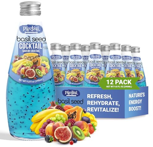 Pardesi Basil Seed Drink Cocktail Flavor 290ml 9.8 Fl Oz | Pack of 12 (117.6 FL Oz) | Naturally Refreshing & Cooling | Rich in Antioxidants, Fiber & Omega-3 | Real Basil Seeds for Digestive Health & Hydration.