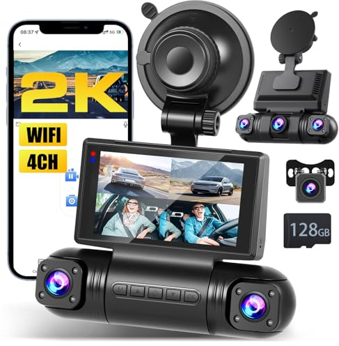 Inefala 2K WiFi 4 Canali Dash Cam con Scheda 128 GB, 360 Gradi Dashcam con 1080P Interno Destro+Sinistro+Posteriore, Telecamera Auto con G-Sensor, WDR, Visione Notturna, Monitor di Parcheggio
