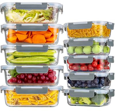 KUMD Set di 10 contenitori in vetro per alimenti, 20 pezzi, con coperchi ermetici a chiusura ermetica - Portavivande e porta pranzo a tenuta stagna, adatti al forno, al microonde, al freezer e alla