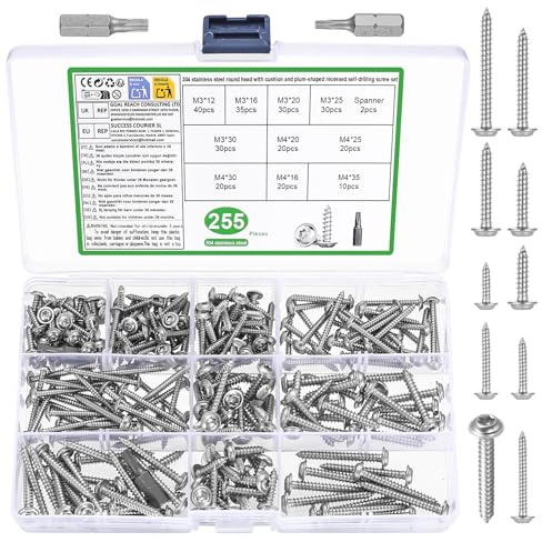 255 PcsVis Autotaraudeuses en Acier Inoxydable, M3 M4 Vis Torx à bombée, kit de vis pour panneaux de particules bois réparations de menuiserie et tôle