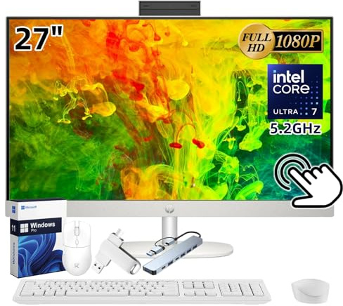 HP 27 All-in-One Touchscreen Desktop PC 2025 New, Intel Ultra 7 255U (Up to 5.2GHz), Intel AI Boost, 27 inch FHD Touchscreen Anti-Glare Display, 32 GB DDR5 5600MT/s, 1 TB Gen4 SSD, Windows 11 Pro