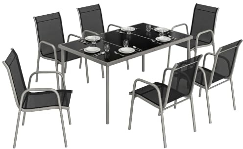 Outsunny Salon de Jardin 6 Personnes Table Chaises Empilables Argent | Mobilier de Terrasse, Textilène, Plateau en Verre Trempé, Repas en Extérieur