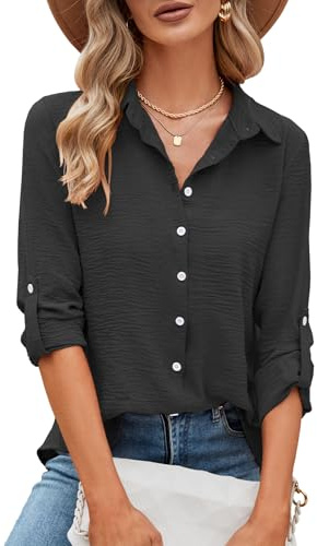 Odosalii Womens Blouses Rolled Up Long Sleeve V Neck Button Down Shirt | Elegant Work Office Business Casual Tunic Tops