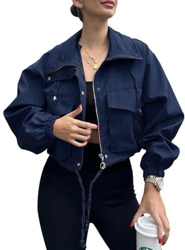 Tankaneo Dam crop zip up jacka överdimensionerad långärmad anorakrock med fickor dragkedja kort bomberjacka, Mörkblå, S