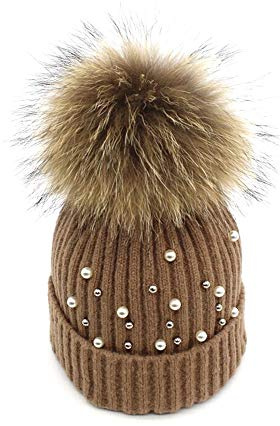 XWGlory Gorro De Lana para Niña Gorras Sombrero De Pom Pom De Piel Sombrero De Invierno De Punto De Ganchillo Cálido con Perla Pompón