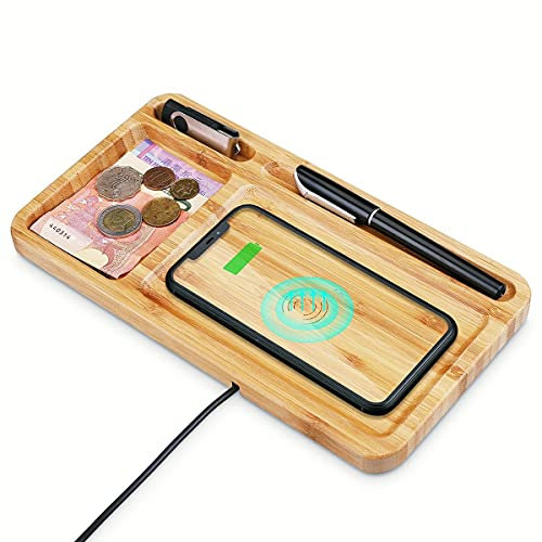 Station de Charge sans Fil en Bambou, 15W Chargeur sans Fil Qi en Bois avec Coussin d'Organisation de Bureau, Station de Charge Rapide Compatible avec iPhone/Apple/Samsung Android Téléphone