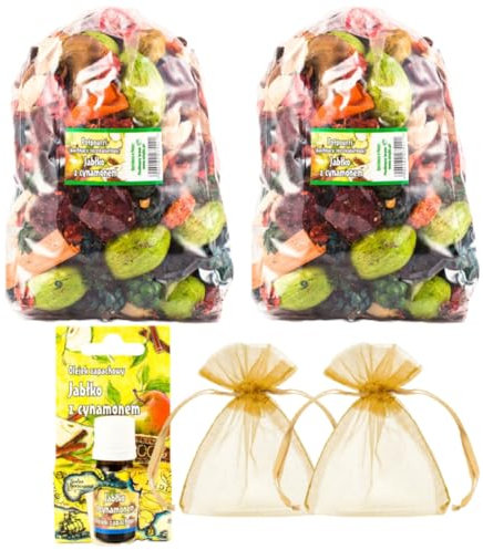 Set de Popurrí con Aroma a Manzana y Canela - 2 Bolsas Grandes, 1 Aceite de Fragancia de Manzana y Canela, 2 Bolsitas de Organza | Decoración para Otoño y Navidad | Flores Secas | Aroma Sutil