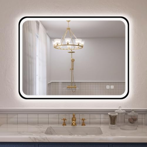 S'bagno Miroir Salle de Bain avec Eclairage 80x60 cm, Miroirs de Salle de Bain avec Cadre Aluminium, Anti-Buée, 3000-6500K, Fonction Mémoire, IP44 Miroir LED Salle de Bain, Horizontal/Vertical, Noir